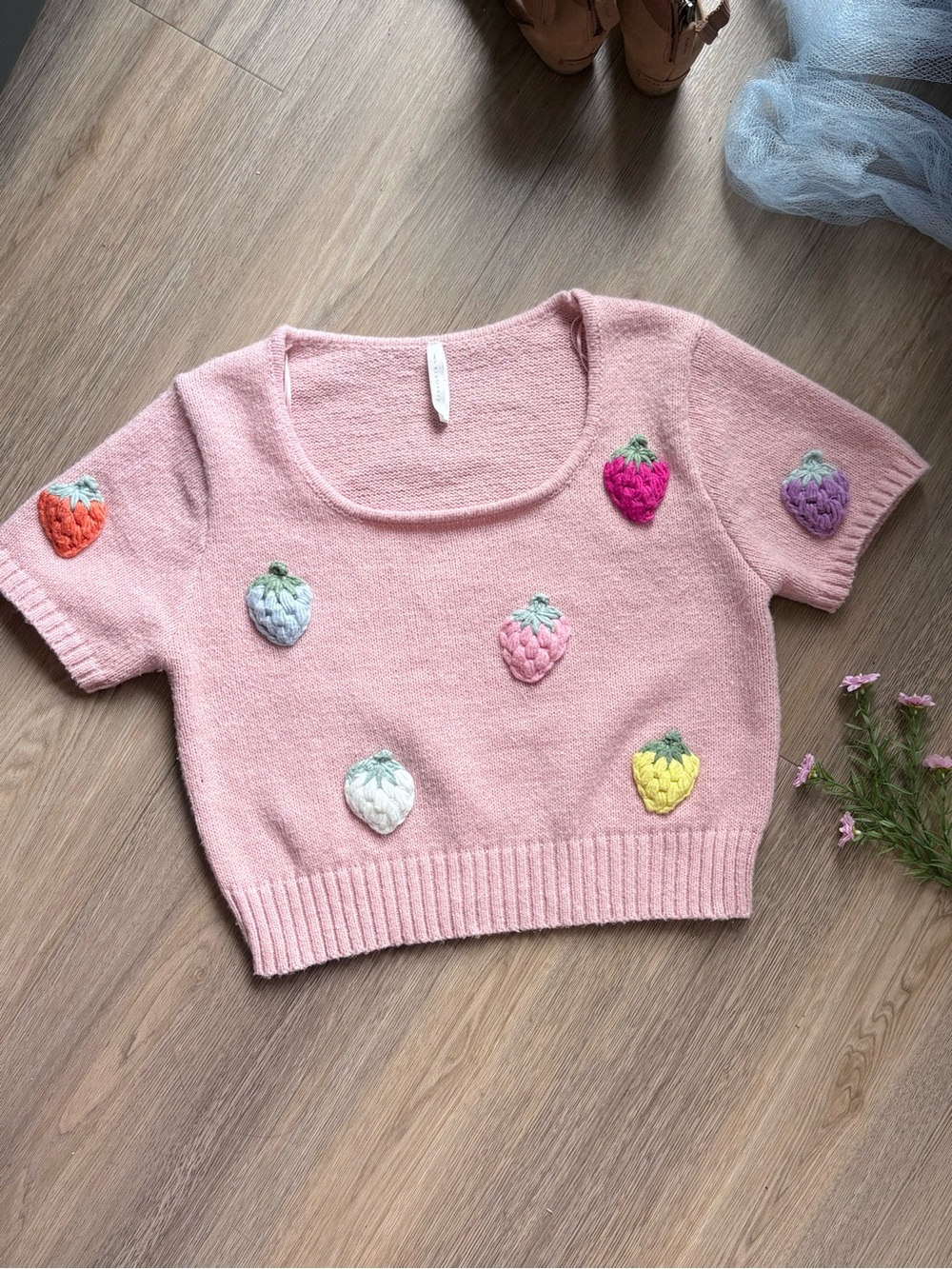 Dreamers by Debut Pastel Multi 3D Strawberry Knit Short Sleeve Sweater